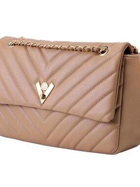 Valentino Tan Quilted Shoulder Bag with Gold Chain Detail
